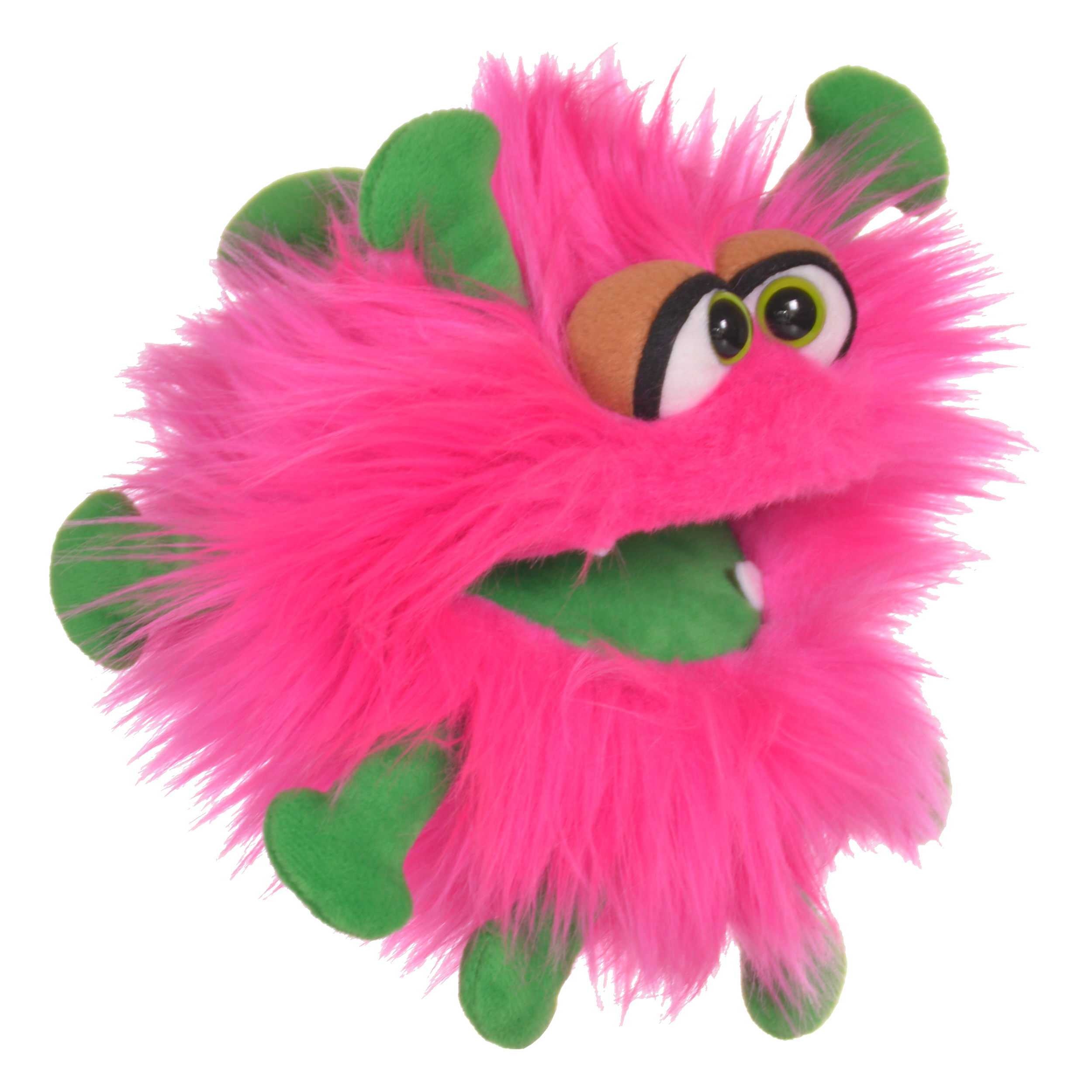 Living Puppets hand puppet Kai with pink shaggy fur, green ears and hands and an open mouth, side view