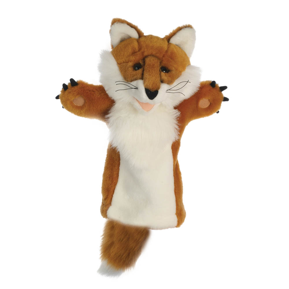 The Puppet Company baby hand puppet fox, orange fox puppet with a white chest and outstretched paws