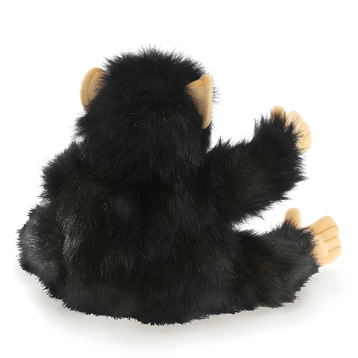 Folkmanis baby chimpanzee hand puppet seen from behind: black plush fur, beige ears and palms, one paw raised