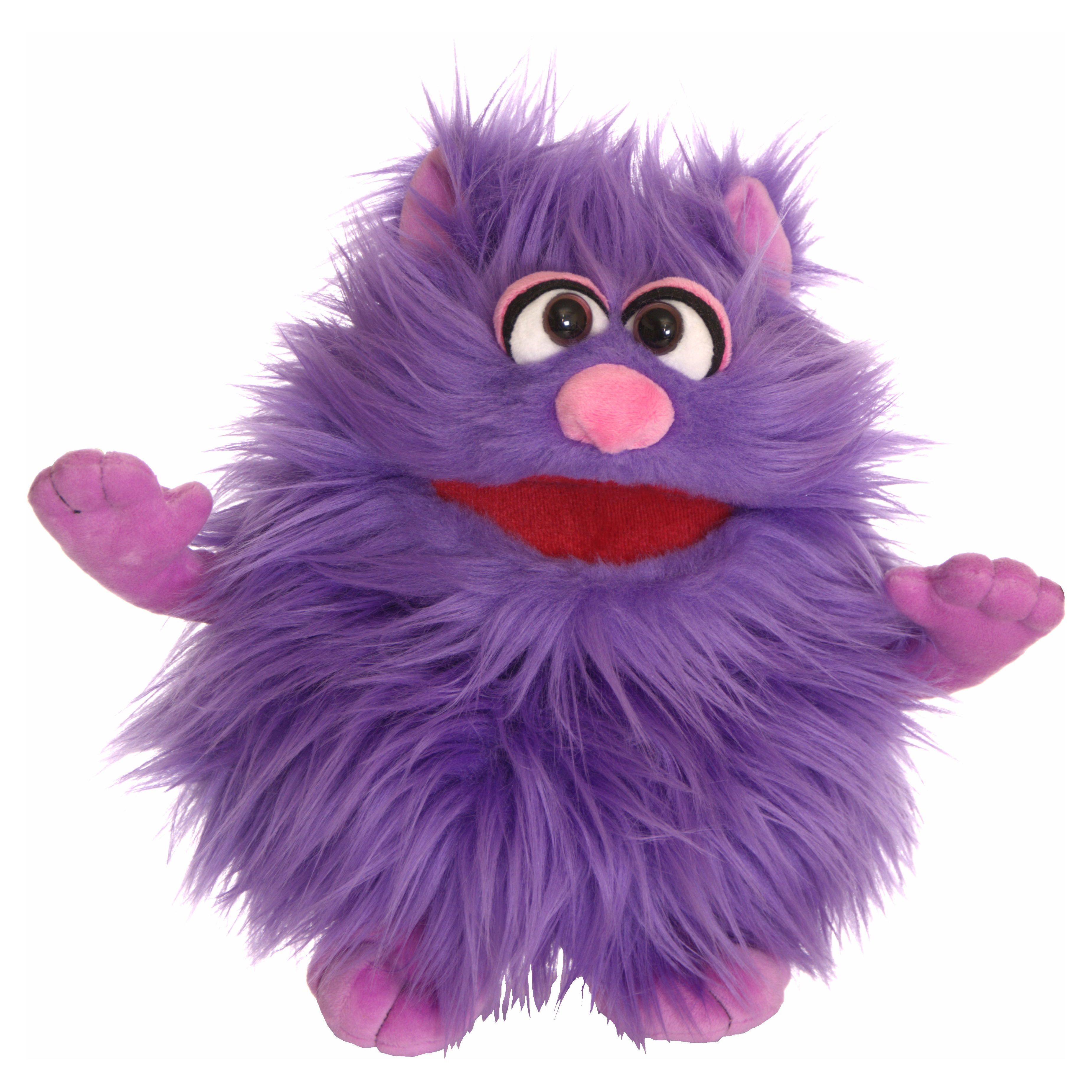 Living Puppets hand puppet Mops from the Monster to go series, purple shaggy monster with pink ears and nose and an open red mouth, arms raised
