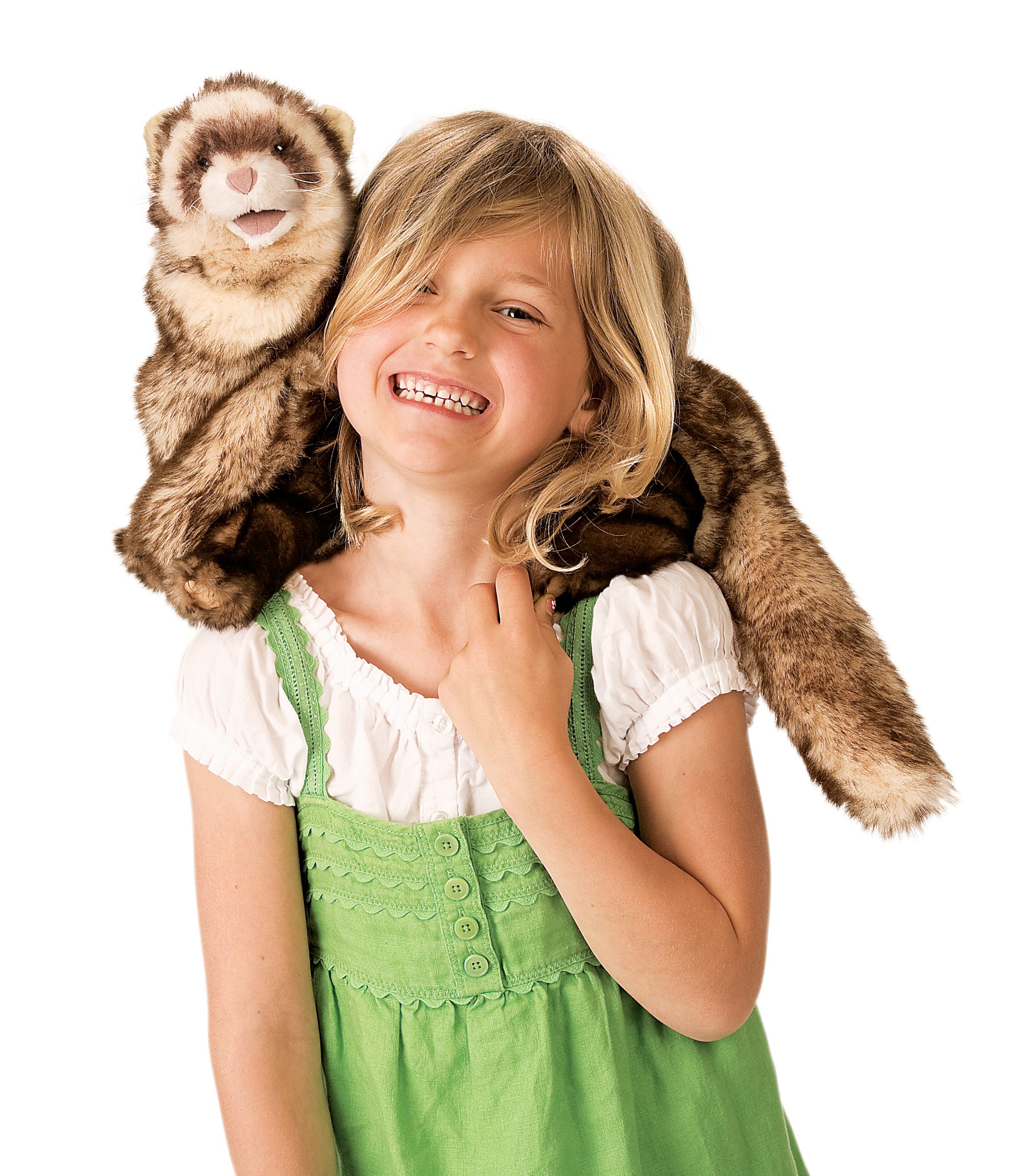 Girl wearing a Folkmanis ferret hand puppet on her shoulder, brown and beige plush with a movable open mouth
