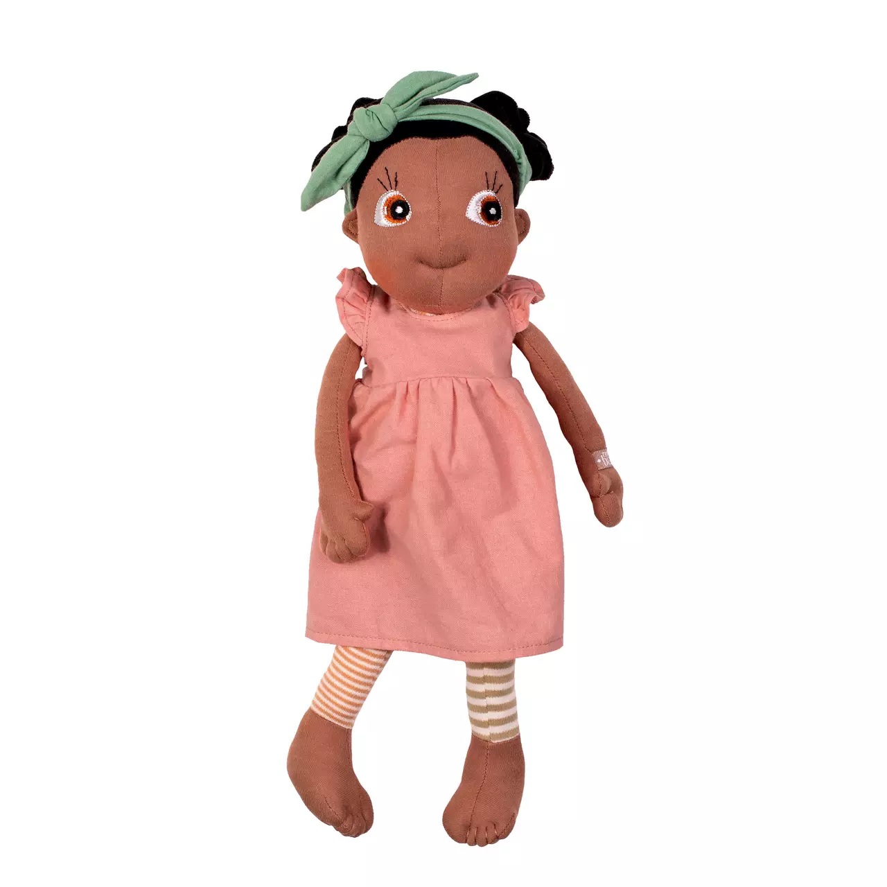Rubens EcoBuds doll in the pink ruffled dress with striped leggings