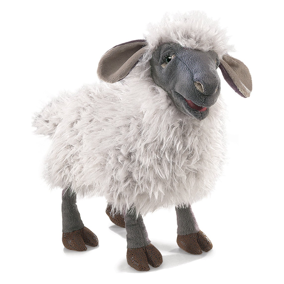 Folkmanis bleating sheep hand puppet with grey face, white wool plush and open mouth, side view