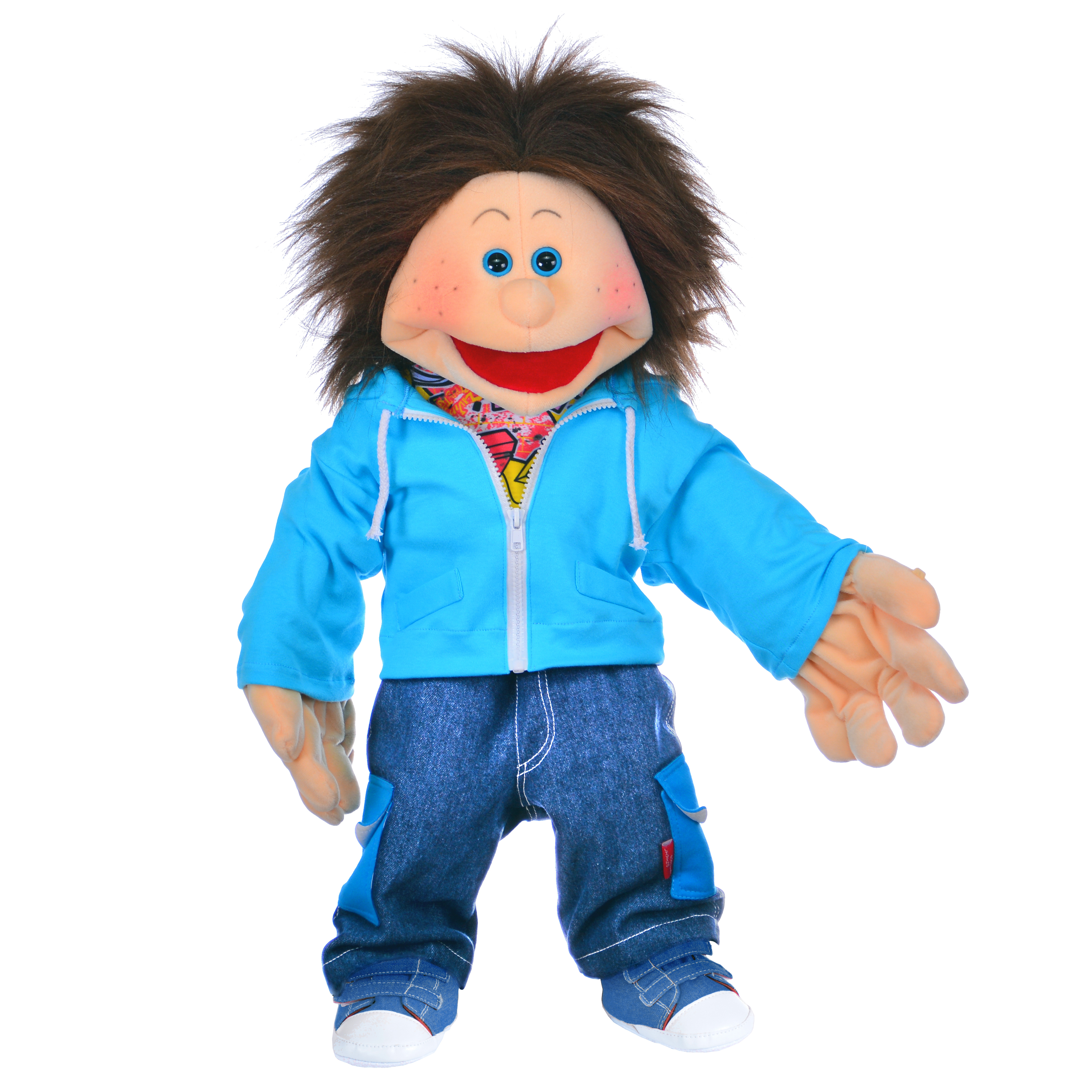 Living Puppets hand puppet Bendix with brown tousled hair, turquoise hooded jacket and jeans