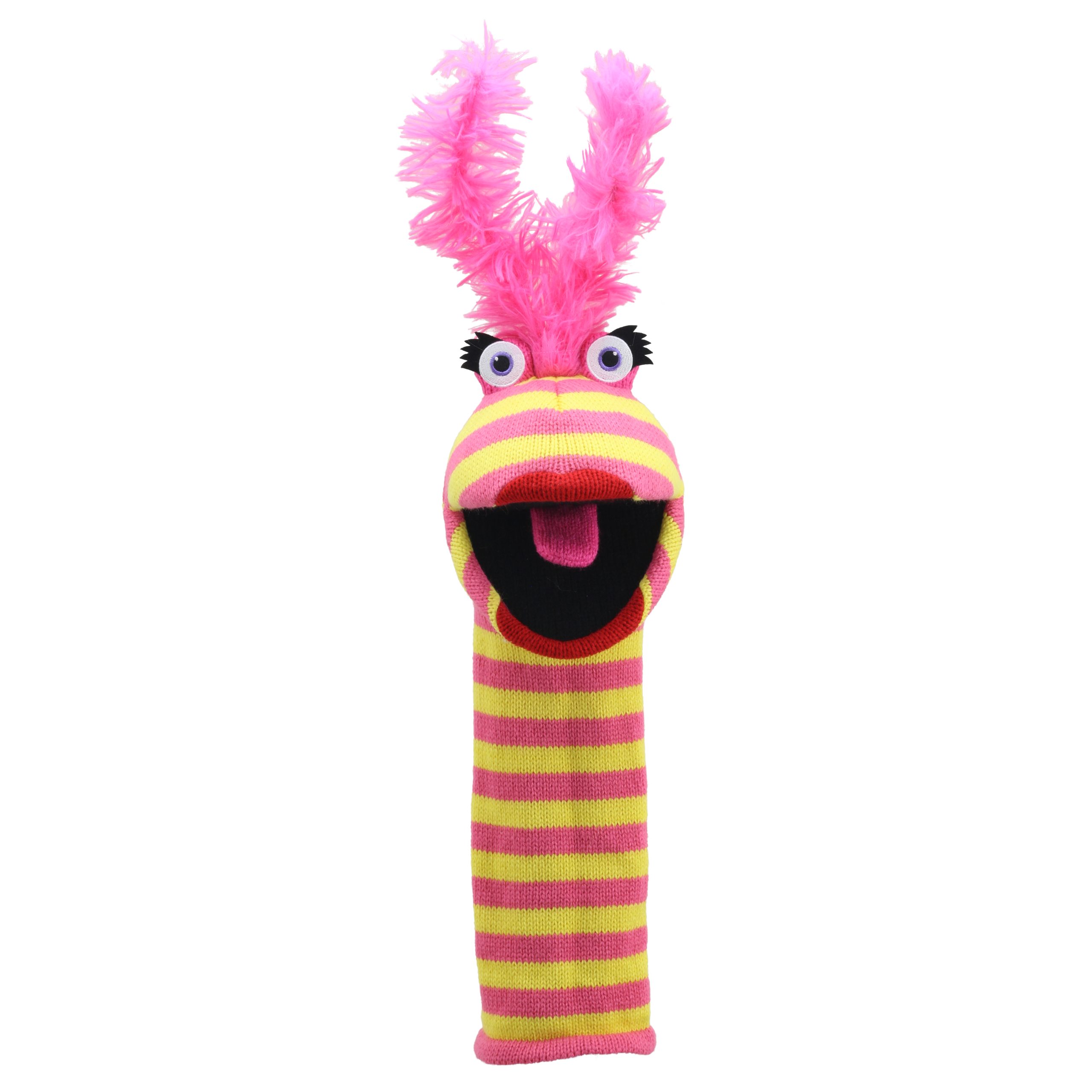 The Puppet Company sock puppet Lipstick, pink and yellow monster with tall pink feather tufts and a striped body