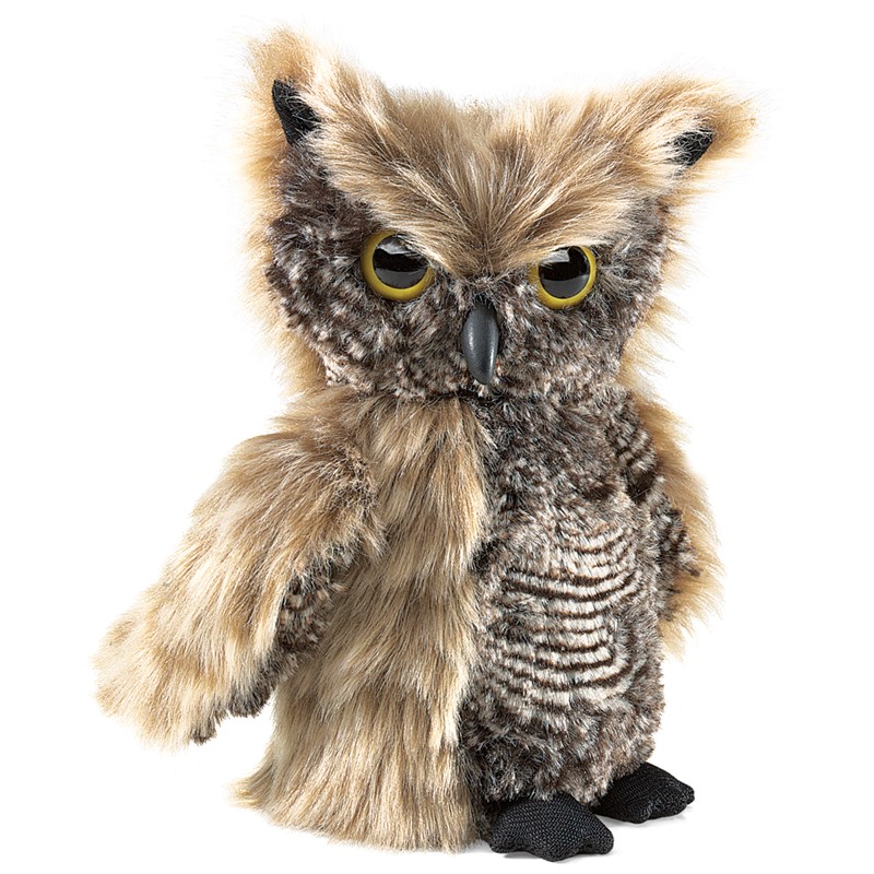 Folkmanis screech owl hand puppet with brown-beige plumage, yellow eyes and black beak, front view