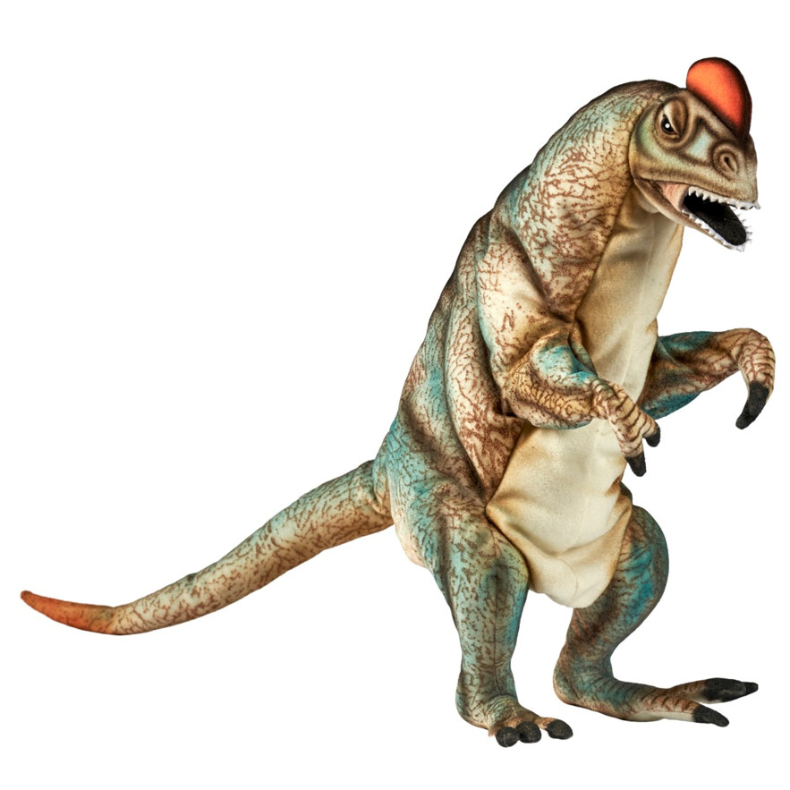 Dilophosaurus hand puppet by Hansa Creation in green-beige with a red head crest and open mouth