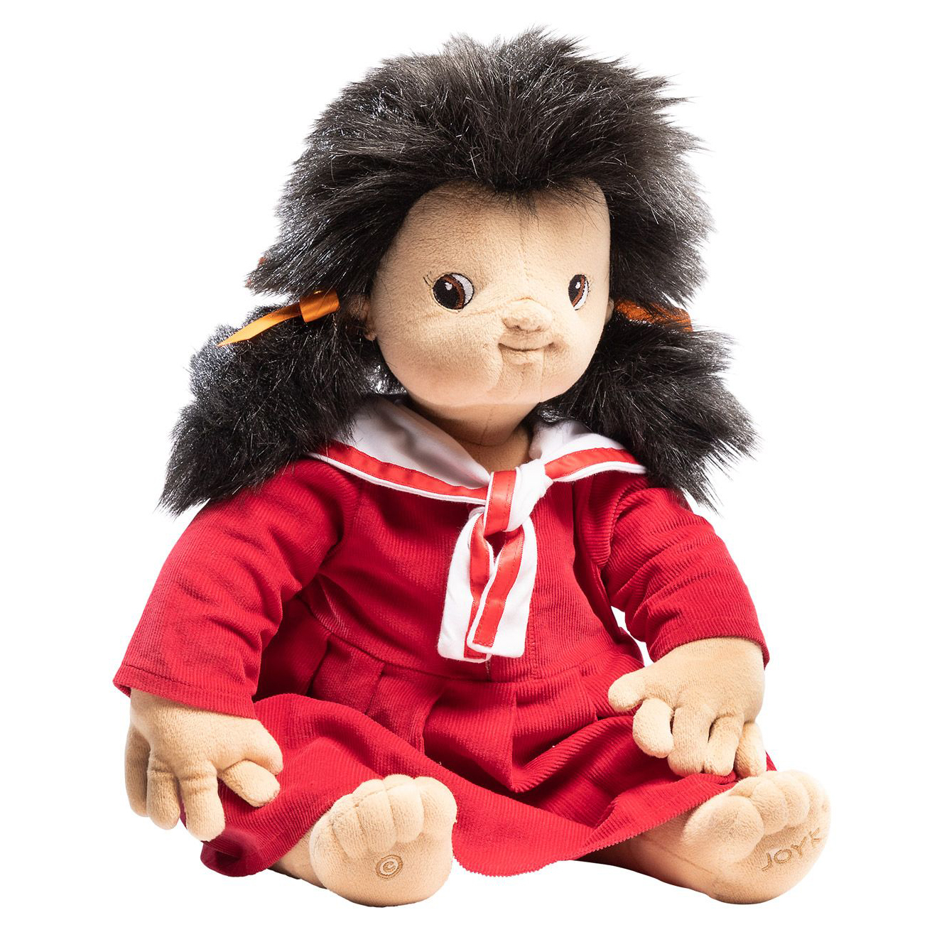 Joyk empathy doll Mia with dark tousled hair and a red dress with sailor collar, sitting
