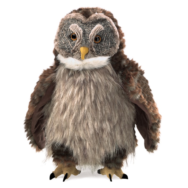 Folkmanis hooting owl hand puppet, brown-grey spotted with a yellow beak and amber eyes, front view
