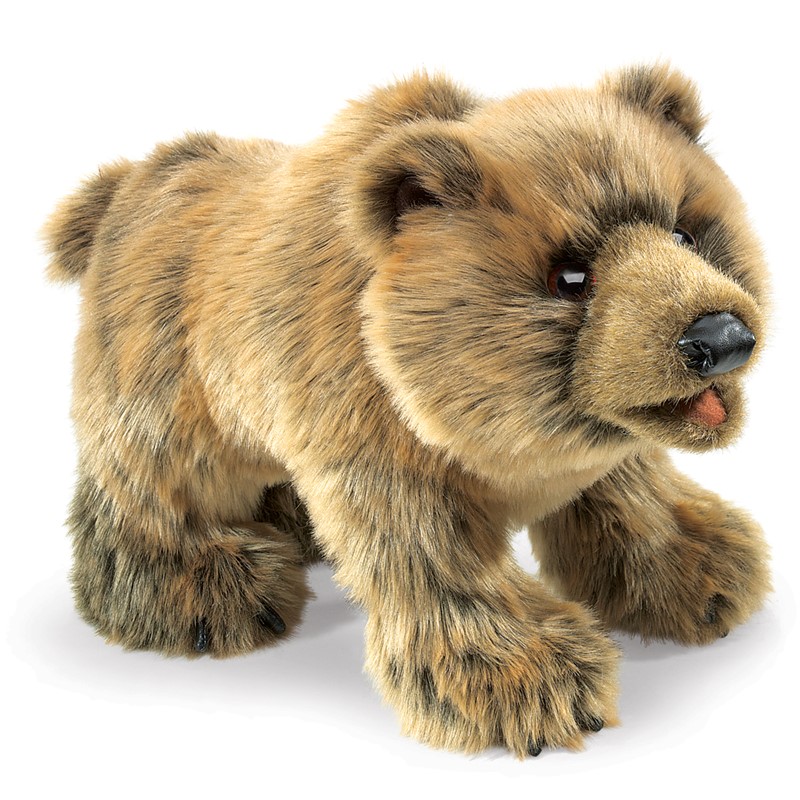 Folkmanis grizzly bear hand puppet in walking pose, brown mottled fur, black nose and slightly open mouth, side view