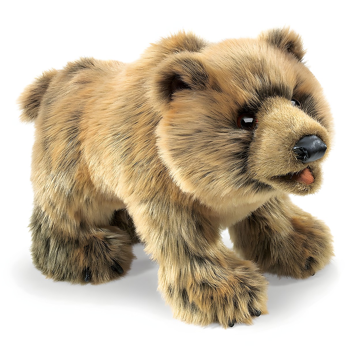 Folkmanis grizzly bear hand puppet in walking pose, brown mottled fur, black nose and slightly open mouth, side view