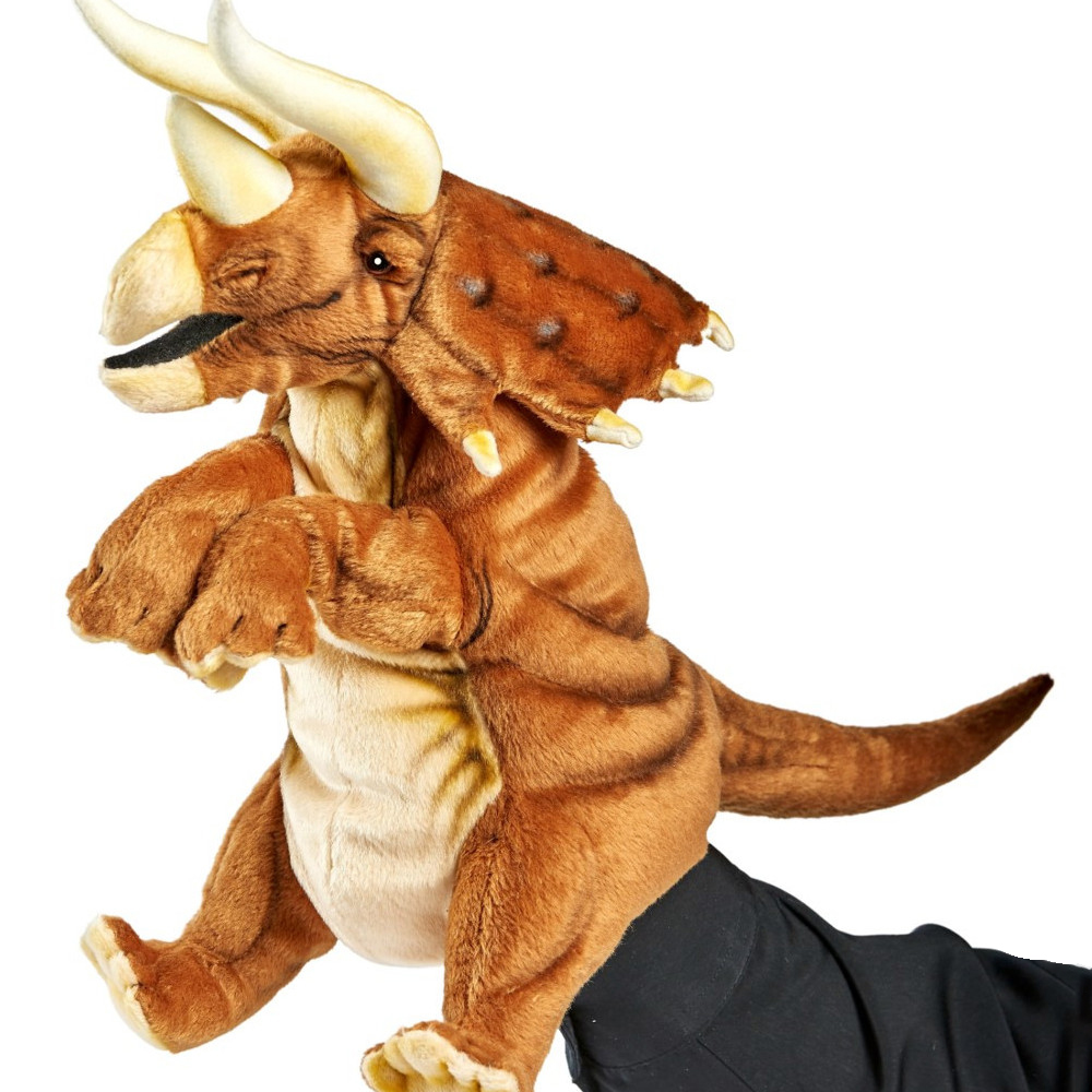 Triceratops hand puppet by Hansa Creation in brown-beige with three horns and a studded neck frill