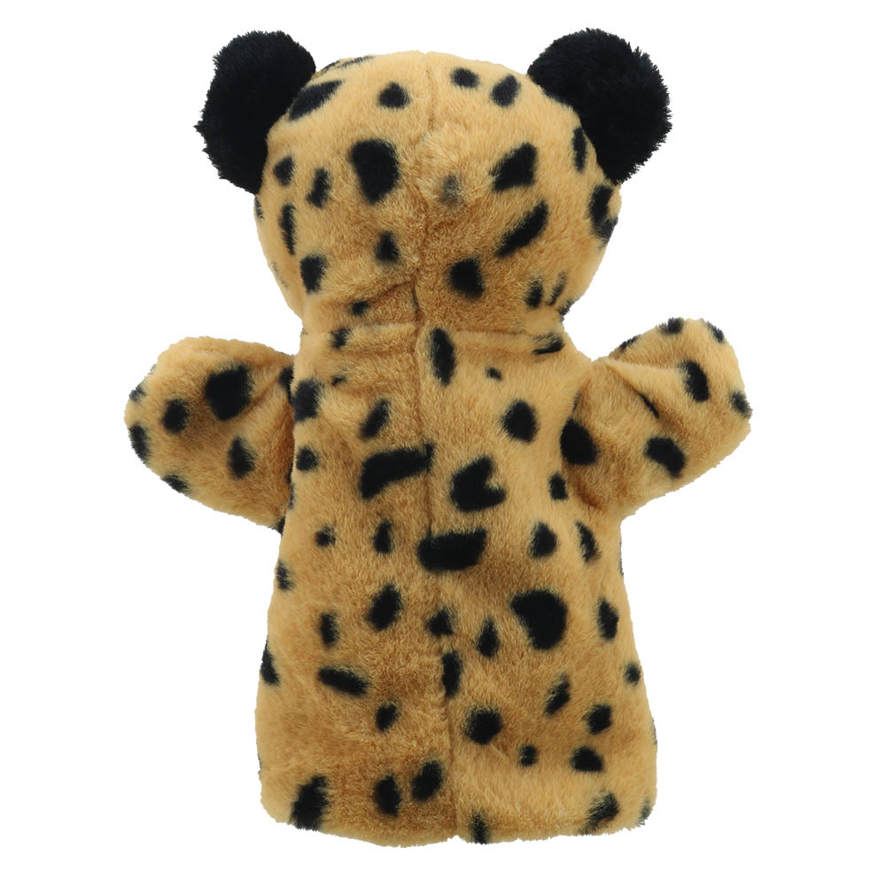 The Puppet Company baby hand puppet leopard, spotted puppet seen from behind with black-tipped ears, back view