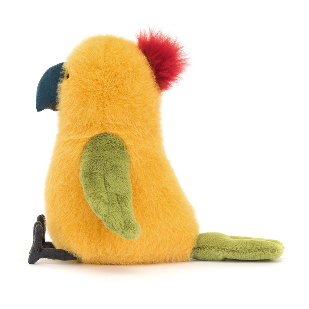 Jellycat plush toy parrot Budgeby Parrot, yellow plush toy with a green wing, side view