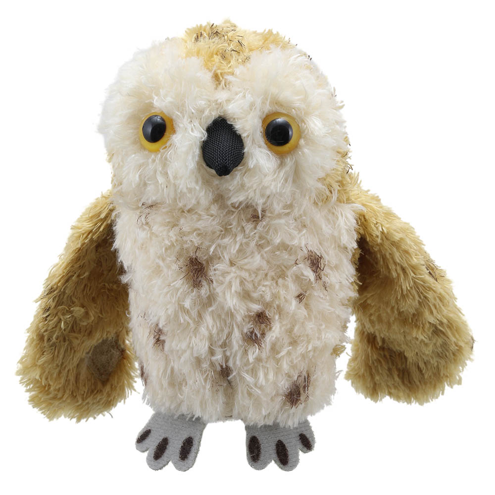 The Puppet Company finger puppet tawny owl, cream owl with brown speckles, front view