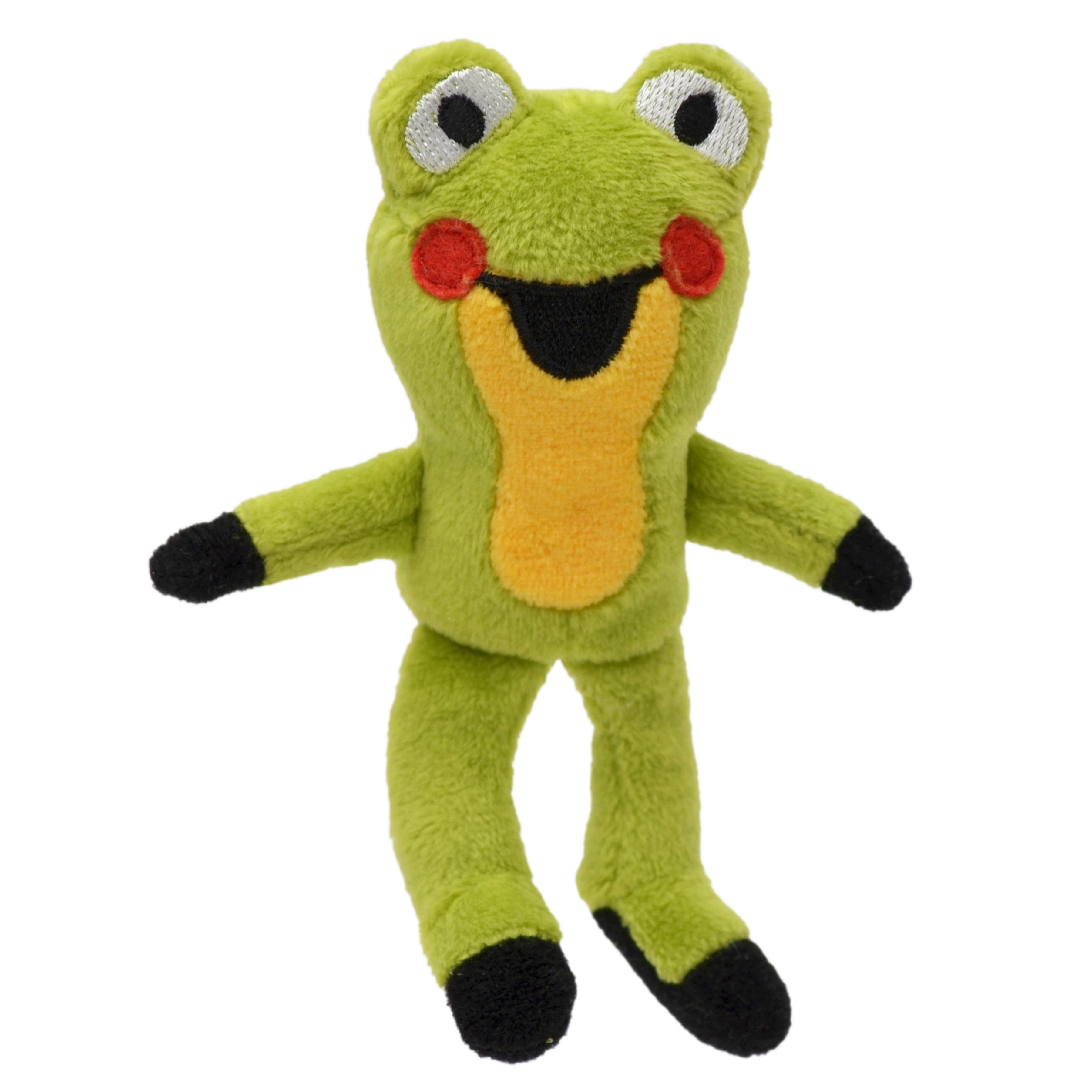 Finger puppet frog from the Little Mole series by munabo, green with a yellow belly and red cheeks