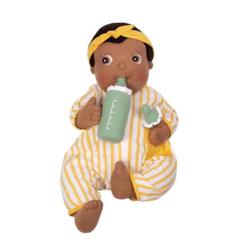 Rubens Barn baby doll in a striped romper with the green fabric bottle