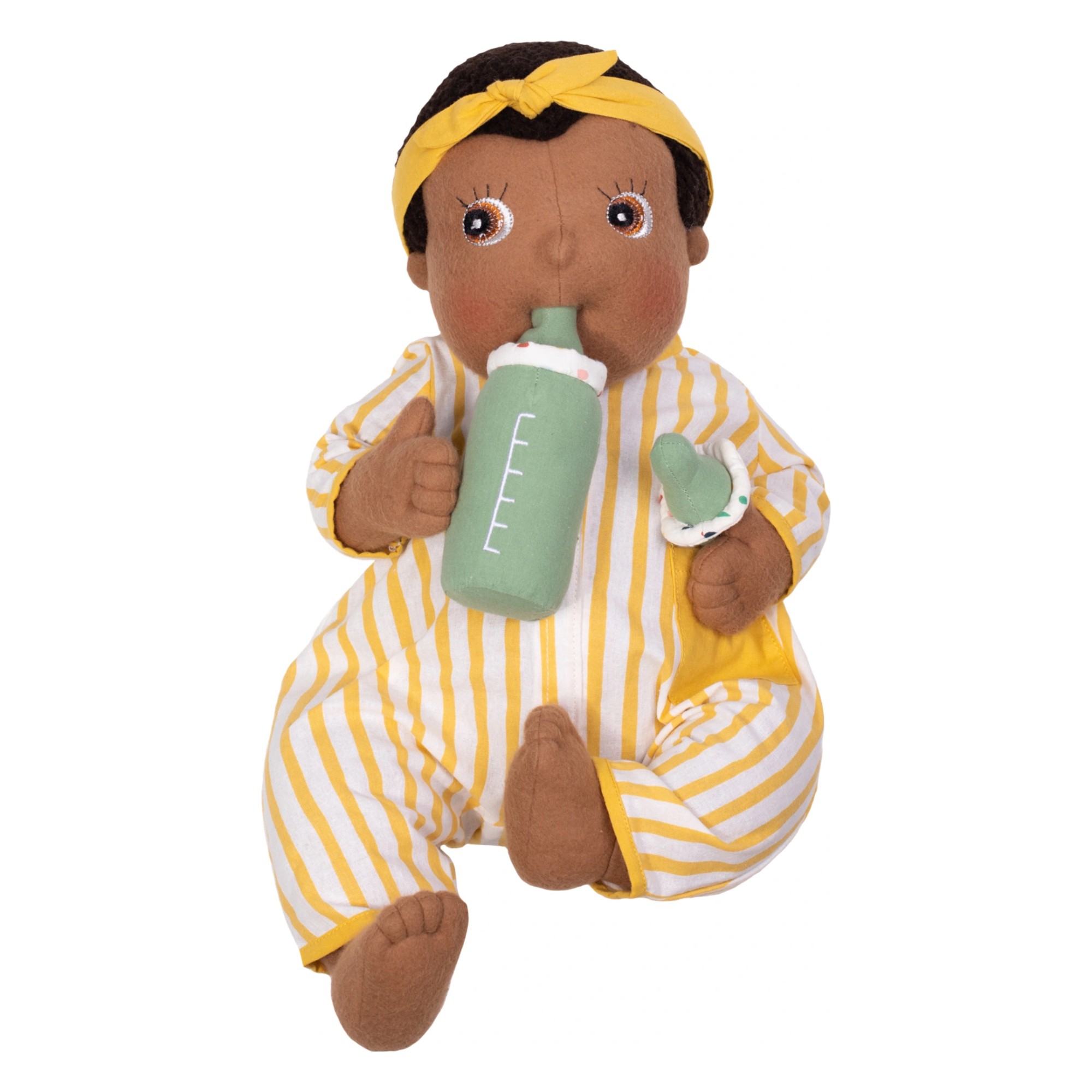 Rubens Barn baby doll in a striped romper with the green fabric bottle