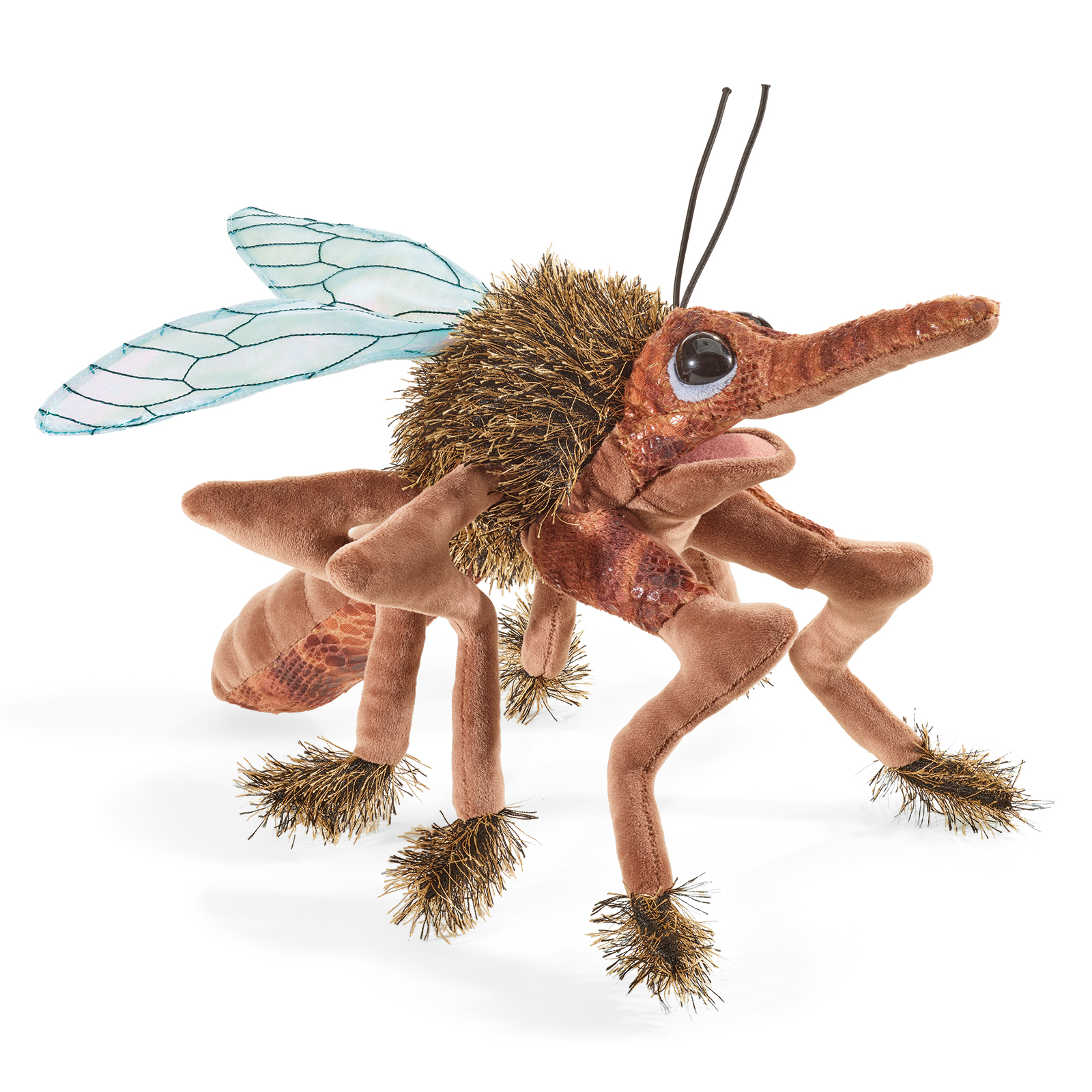 Folkmanis mosquito hand puppet in brown tones with golden fluffy leg ends, transparent wings and a long proboscis, angled view