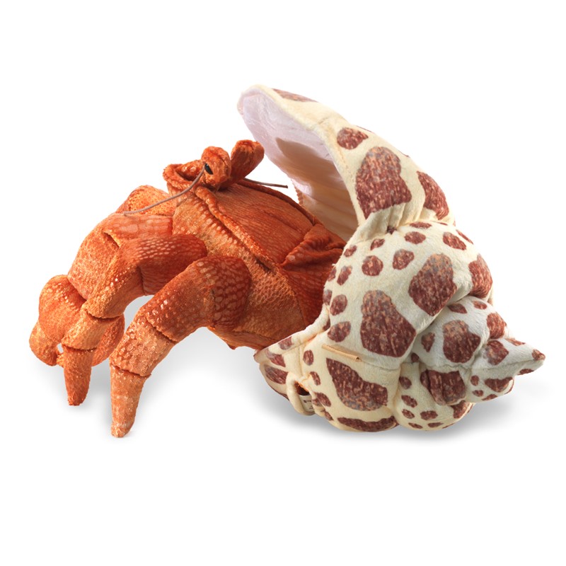 Folkmanis hermit crab hand puppet in orange with a cream-coloured shell cover featuring brown spots, shown at an angle