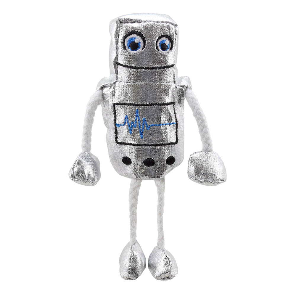 The Puppet Company finger puppet robot, silver puppet with blue eyes and long fabric legs