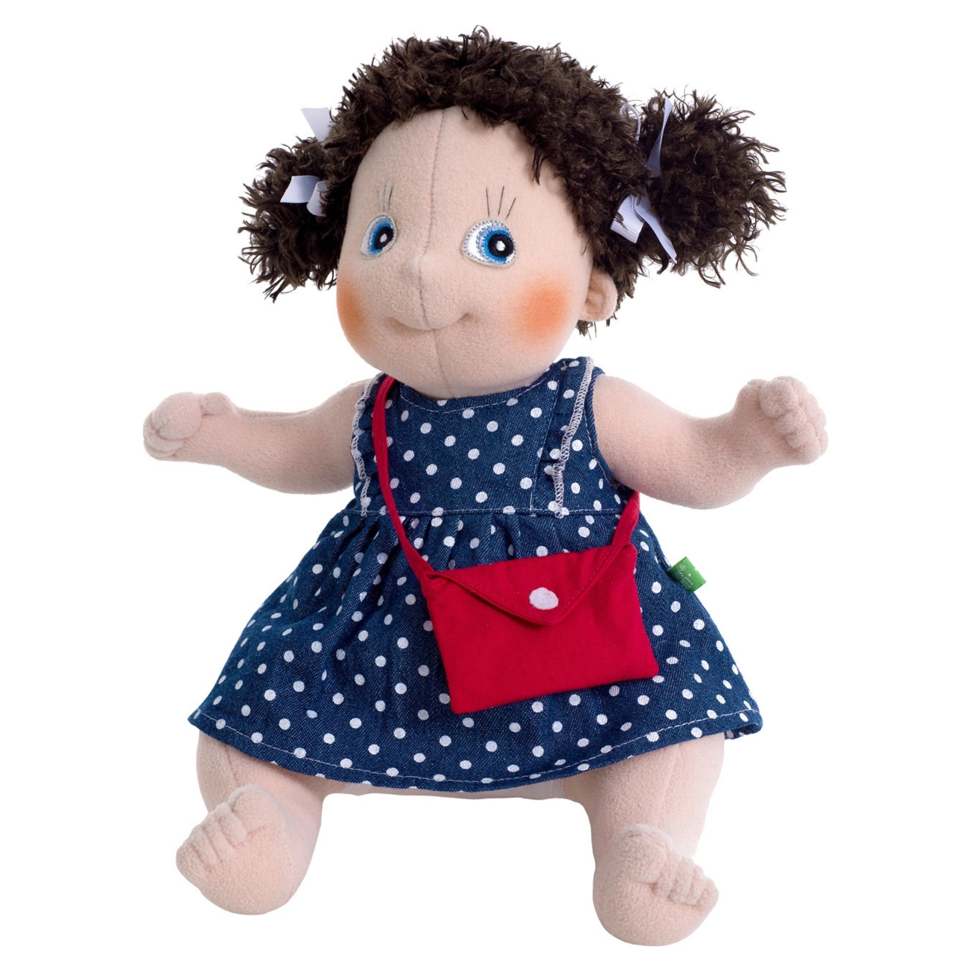 Rubens Kids doll Alma with dark pigtails, blue dotted dress and red shoulder bag