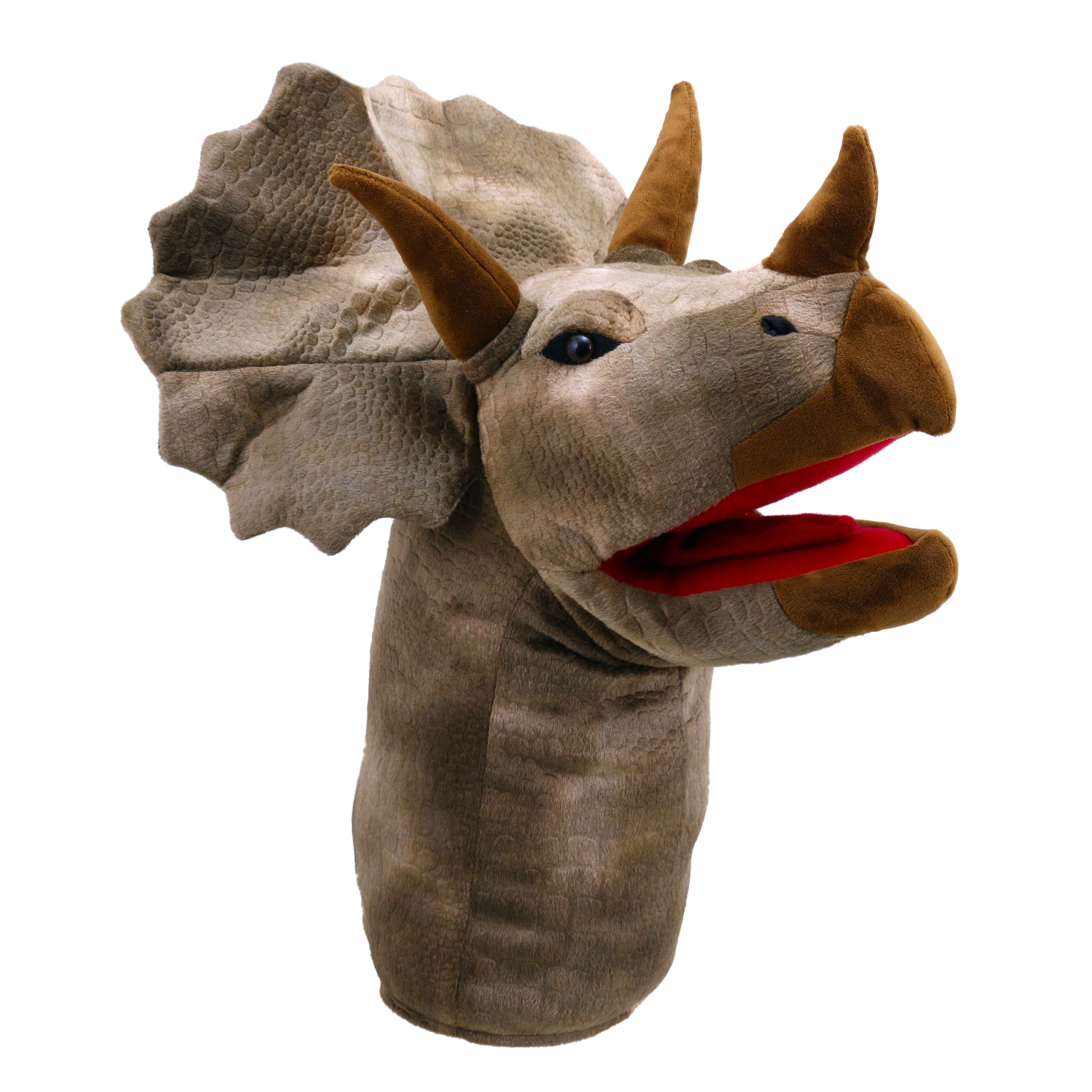 The Puppet Company hand puppet Triceratops dinosaur head, grey head with horns, neck frill and a red mouth