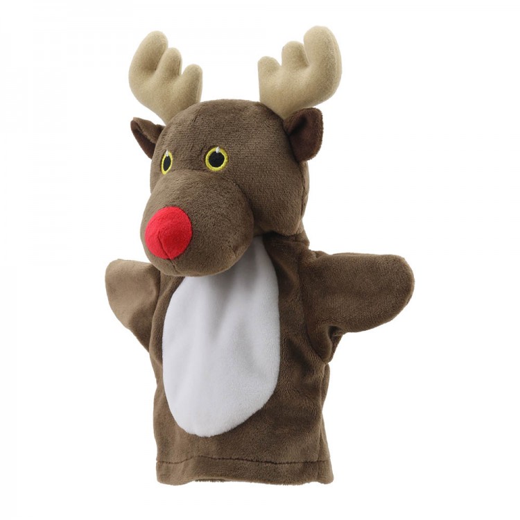 The Puppet Company baby hand puppet reindeer, brown puppet with antlers and a red nose, slightly angled view
