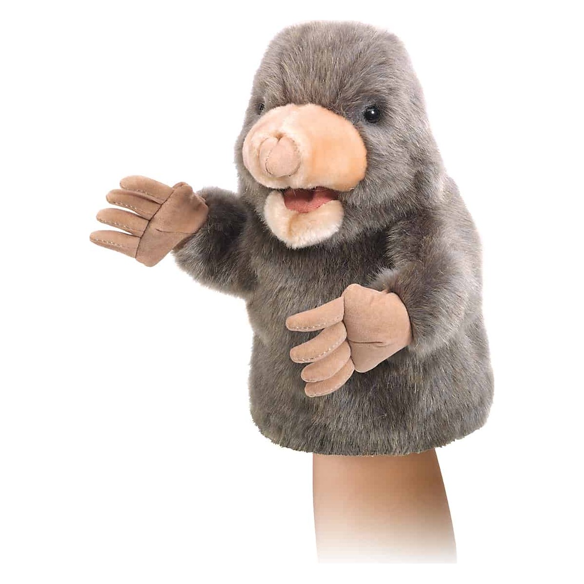 Folkmanis small mole hand puppet with grey plush fur, beige shovel nose and movable mouth, worn on hand