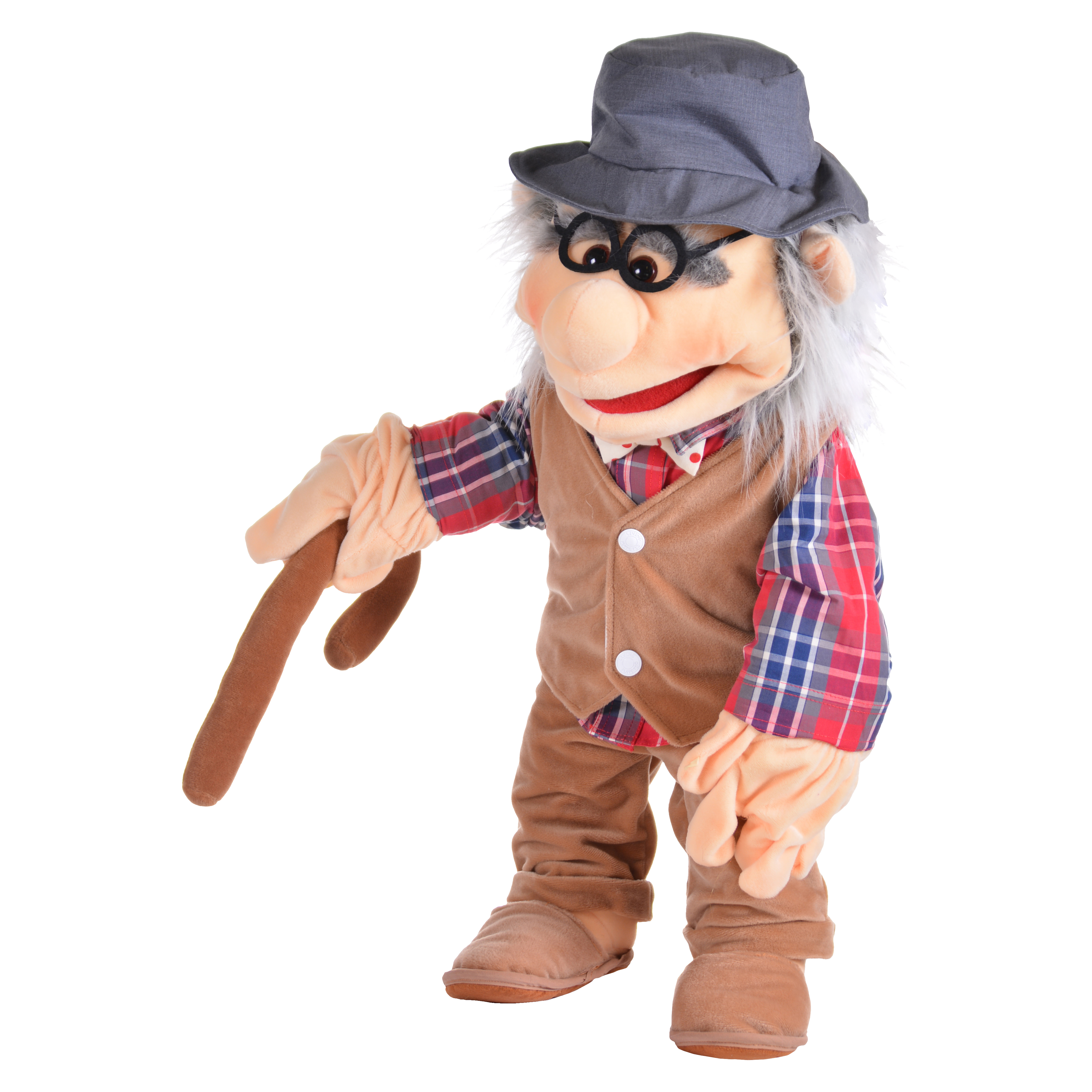 Living Puppets hand puppet grandfather with hat, glasses, chequered shirt, vest and walking stick