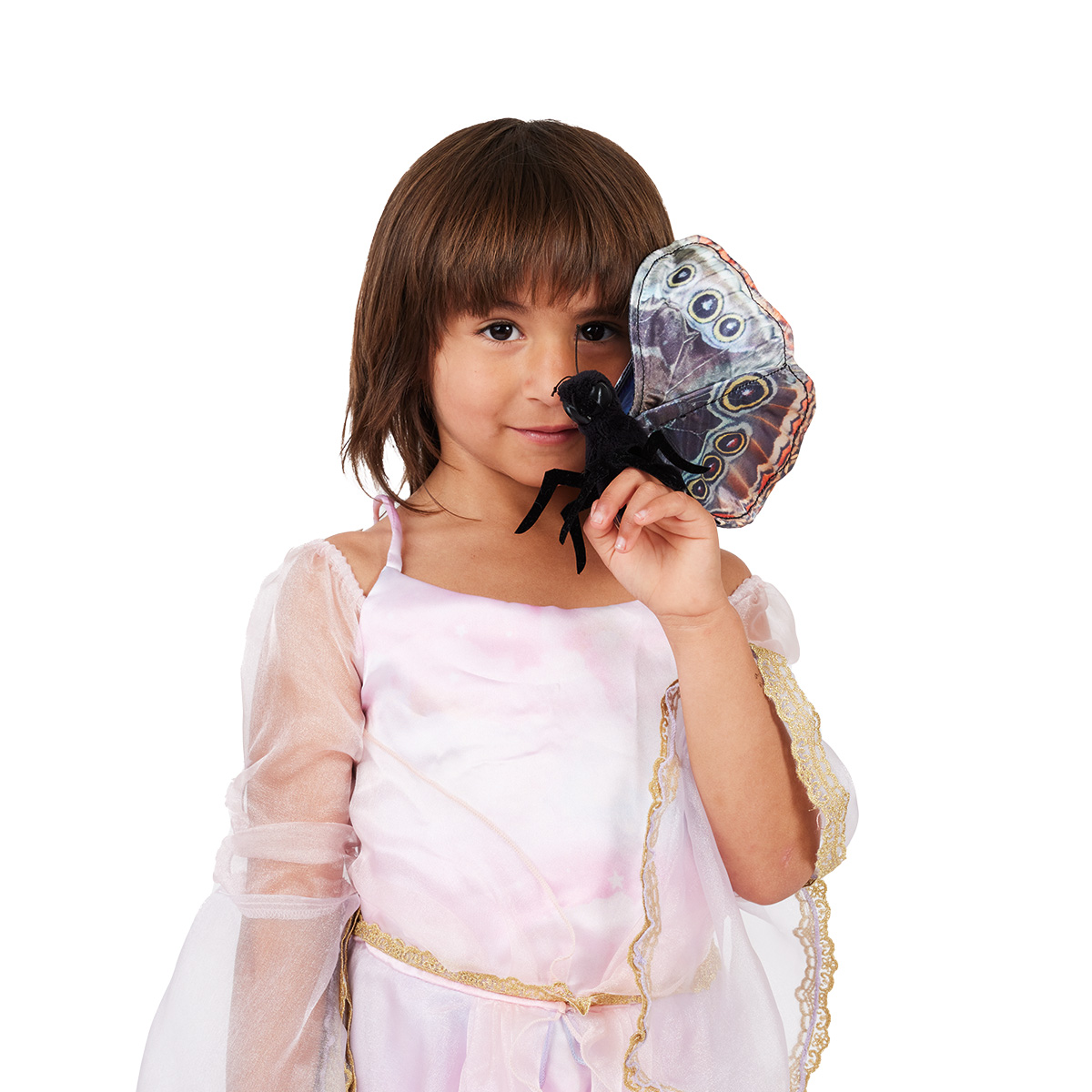 Girl holding a Folkmanis Blue Morpho Butterfly hand puppet with detailed printed wings and black body close to her face