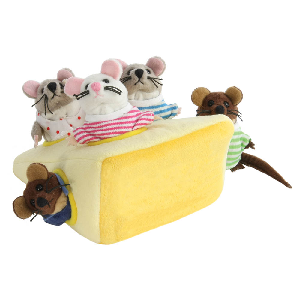 The Puppet Company finger puppet set Mouse Family in Cheese, four mouse finger puppets in striped shirts peeking out of a cheese-shaped toy