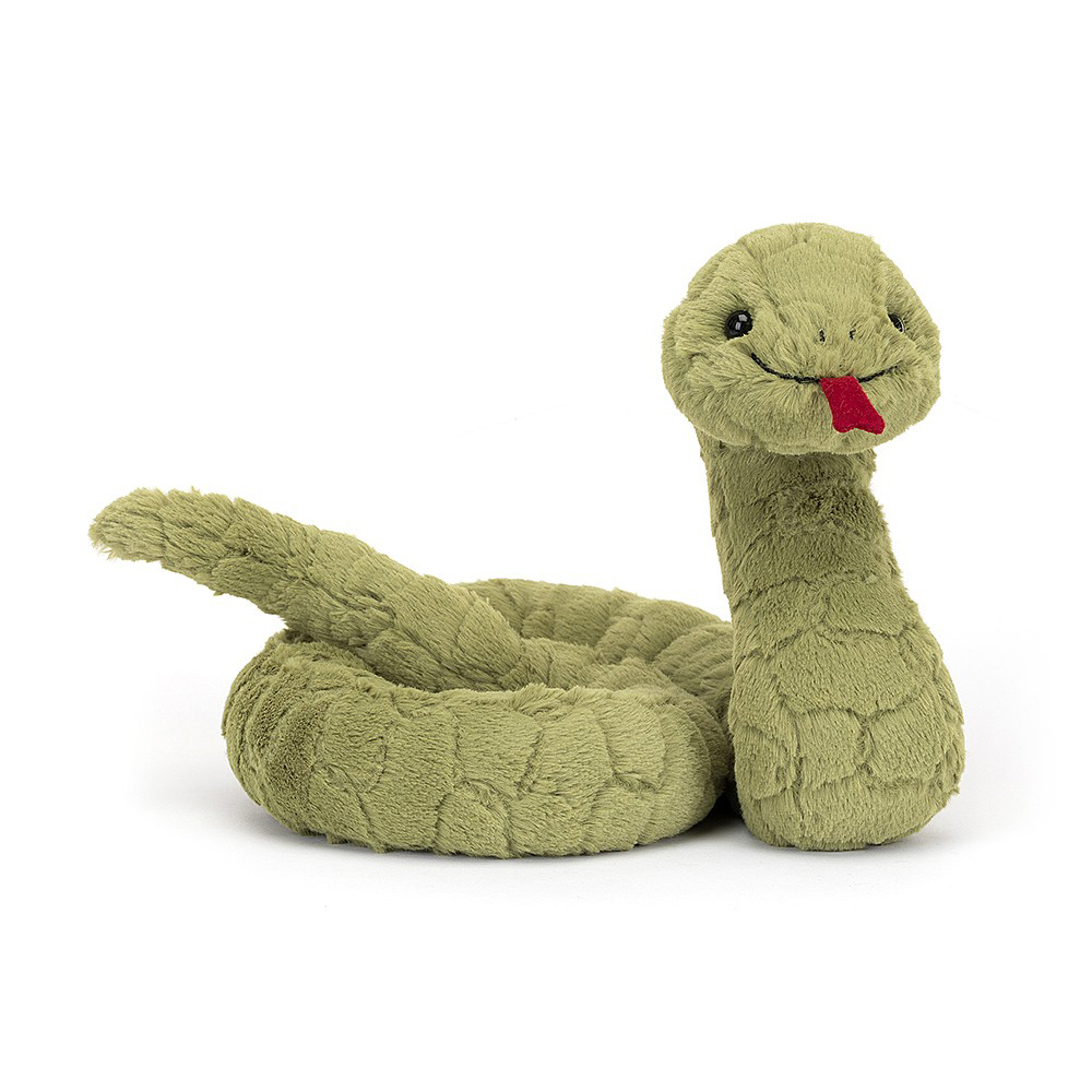 Jellycat plush toy snake Stevie Snake, olive green plush toy with a red tongue, coiled, front view