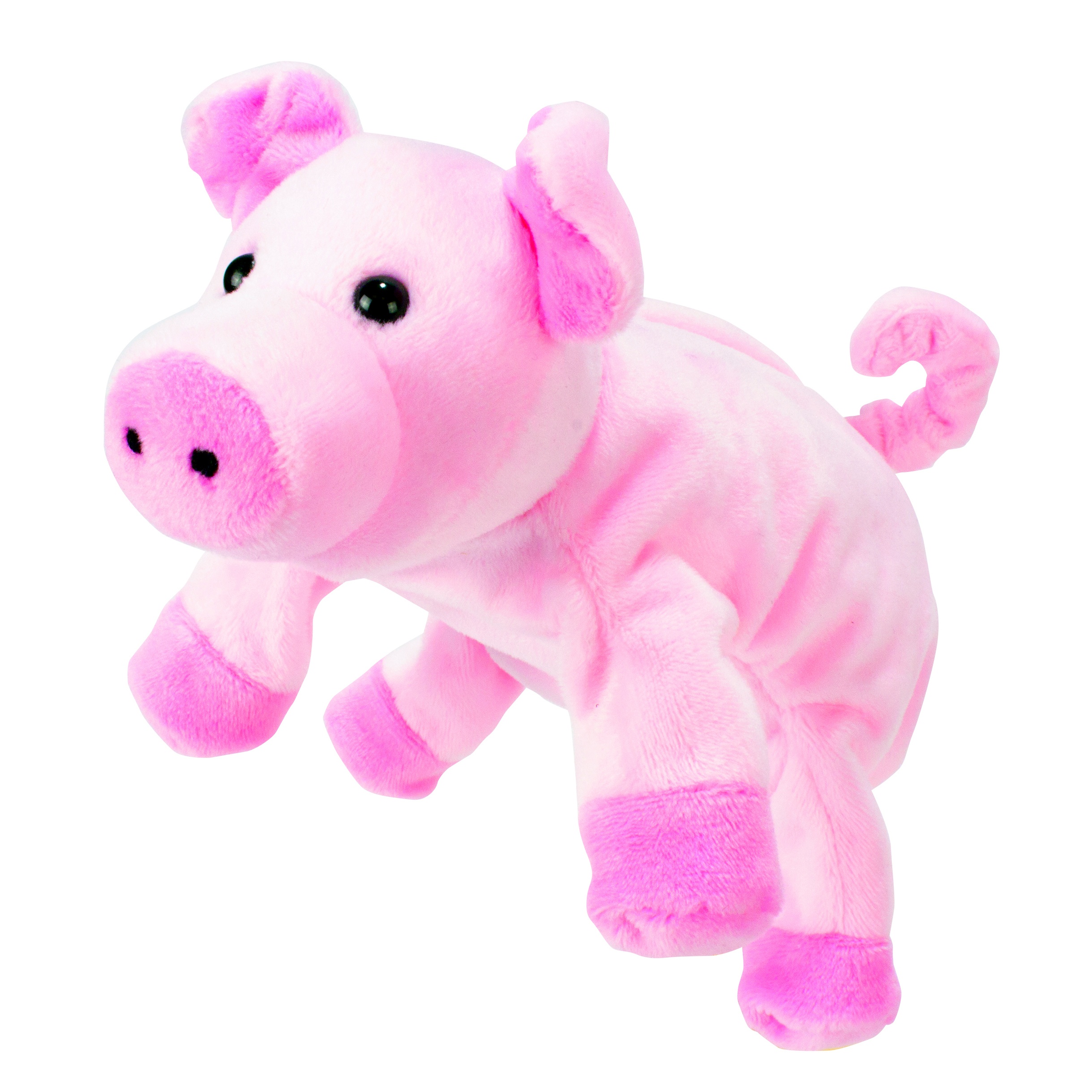 Beleduc hand puppet pig with pink fur, a curly tail and floppy ears
