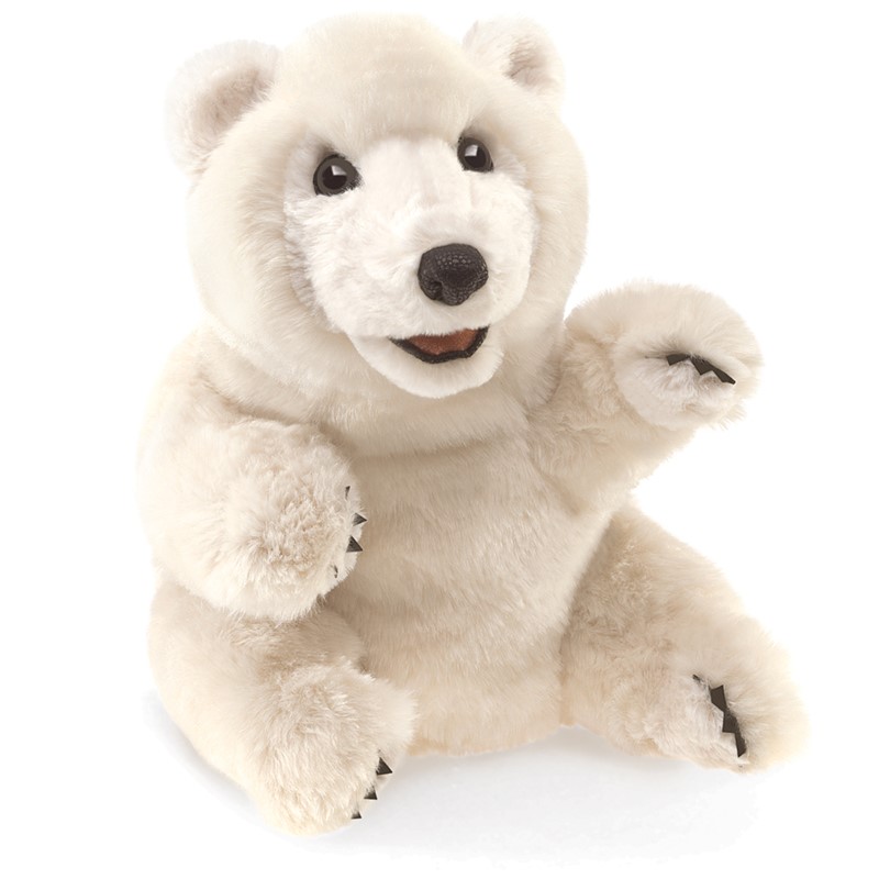 Folkmanis hand puppet of a sitting polar bear with open mouth and raised paw, white plush fur, front view