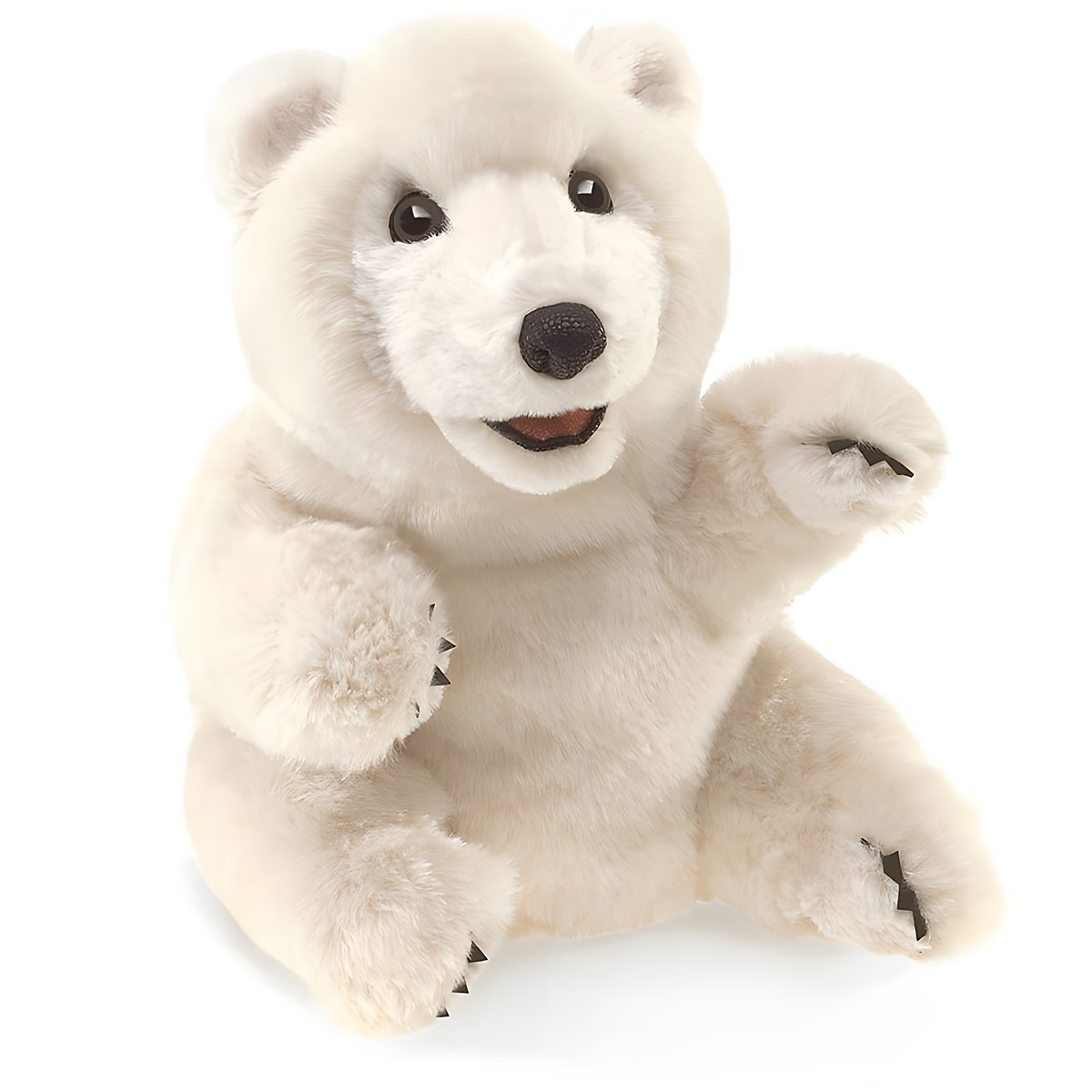 Folkmanis hand puppet of a sitting polar bear with open mouth and raised paw, white plush fur, front view