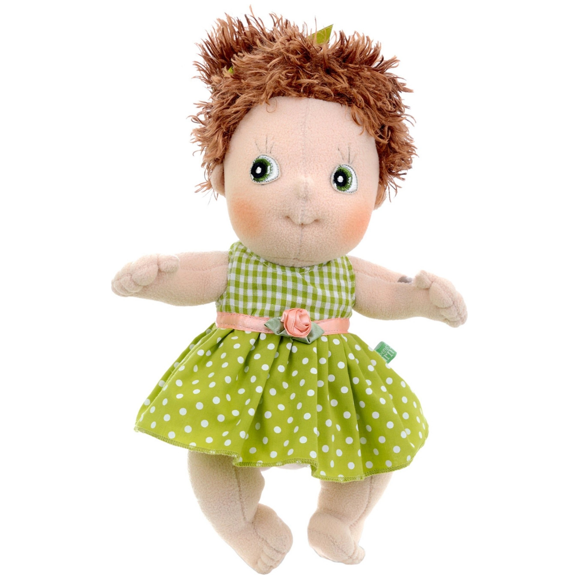 Rubens Cutie doll Karin with brown tousled hair and a green dotted dress with little rose