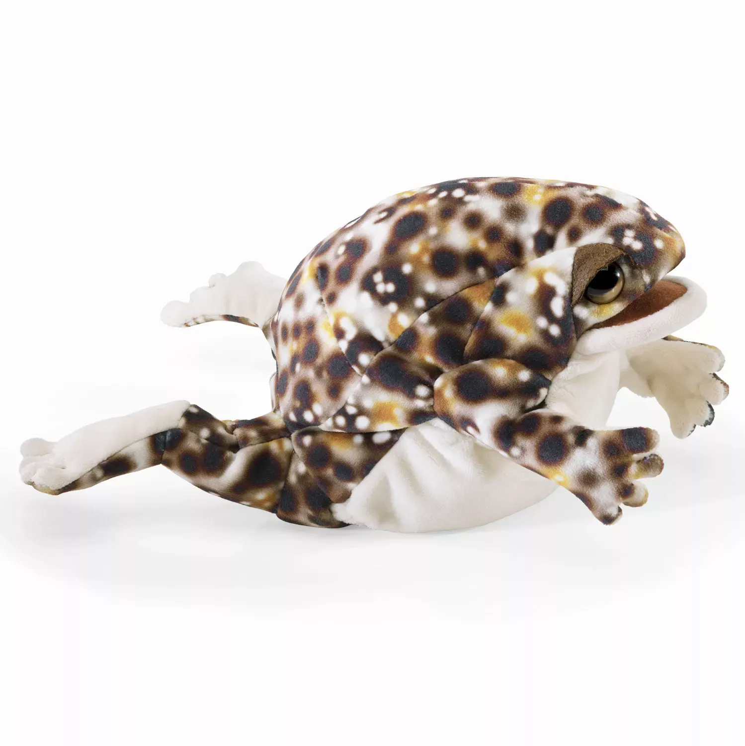Folkmanis Desert Rain Frog hand puppet with brown-black speckled pattern and cream belly in a jumping pose, side view
