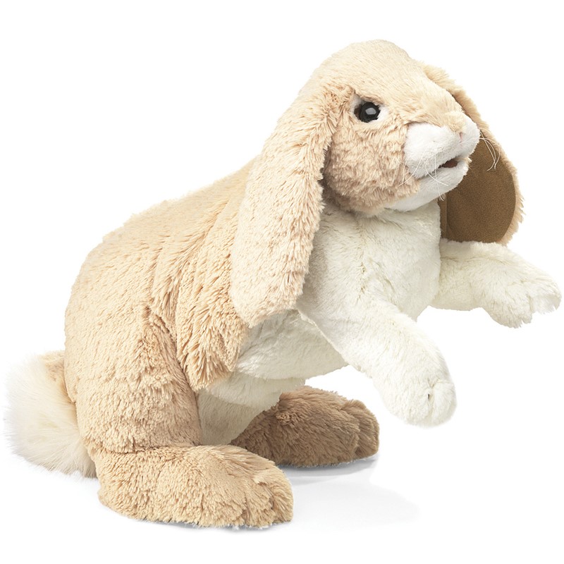 Folkmanis hand puppet cuddly bunny in beige and white with long floppy ears, sitting, angled view