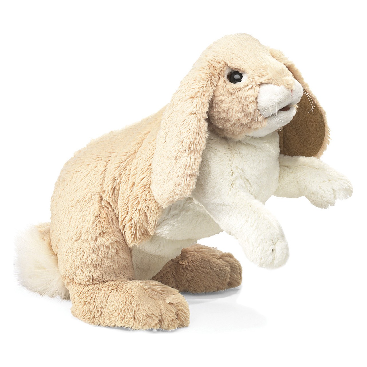 Folkmanis hand puppet cuddly bunny in beige and white with long floppy ears, sitting, angled view