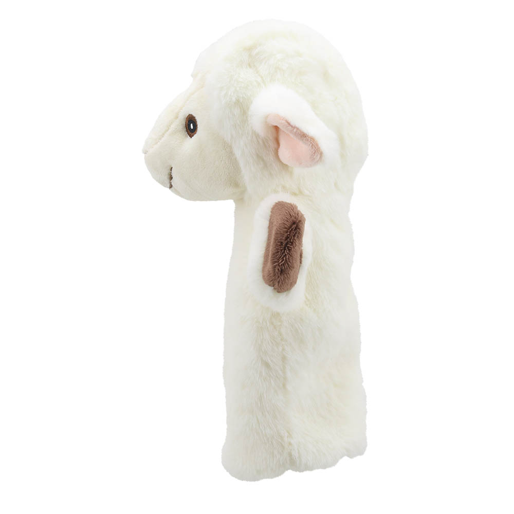 The Puppet Company baby hand puppet sheep, cream-white sheep with pink inner ears, side view