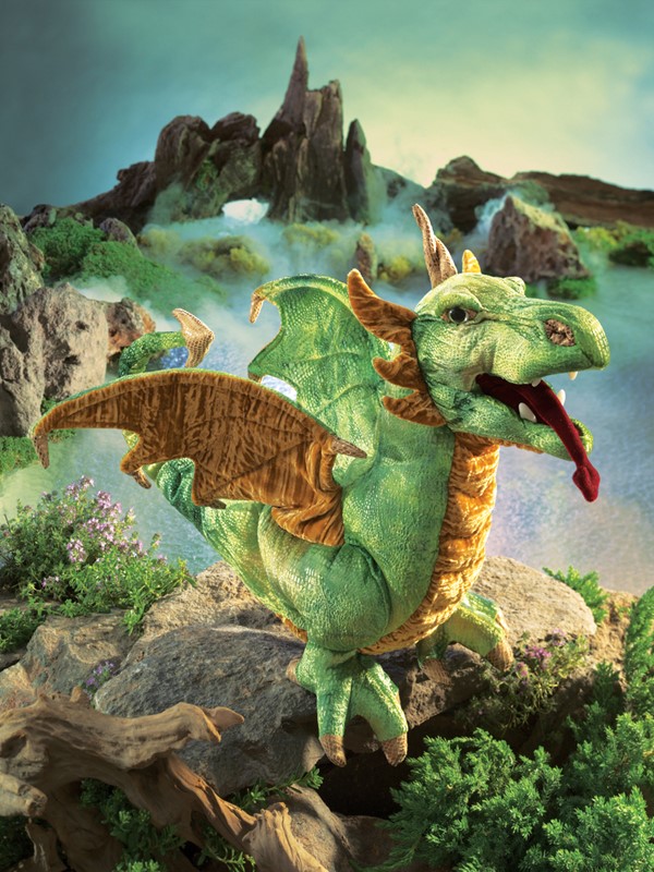 Folkmanis hand puppet wyvern dragon in green and gold with open mouth, red tongue and spread wings on rocks