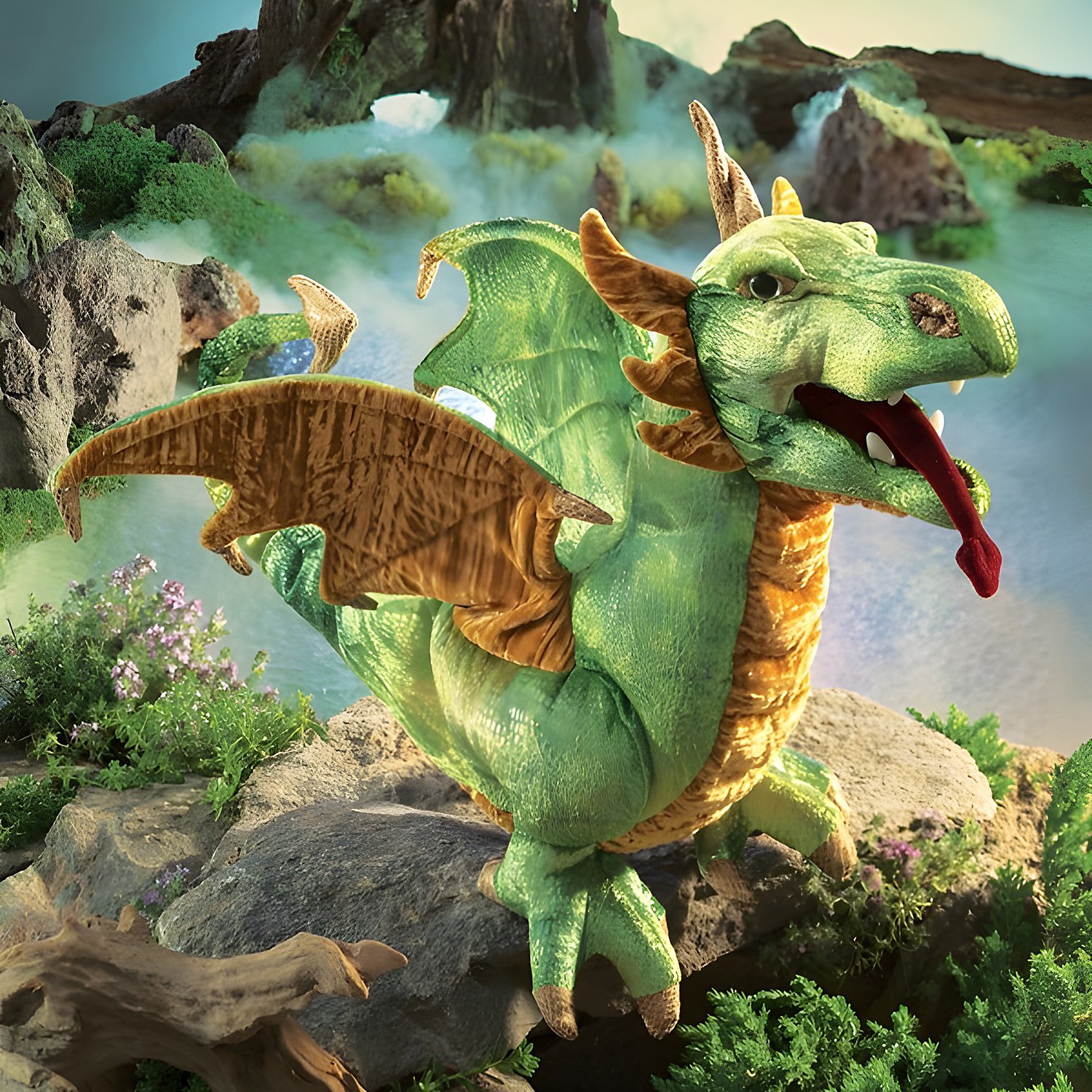 Folkmanis hand puppet wyvern dragon in green and gold with open mouth, red tongue and spread wings on rocks