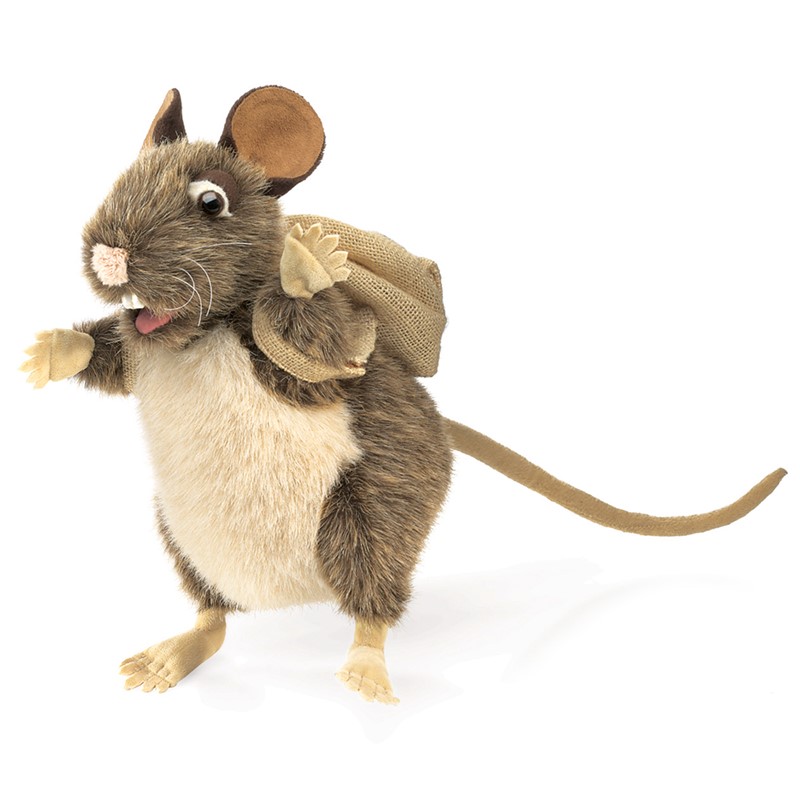 Folkmanis pack rat hand puppet with brown fur, light belly and burlap sack on its back, standing in side view