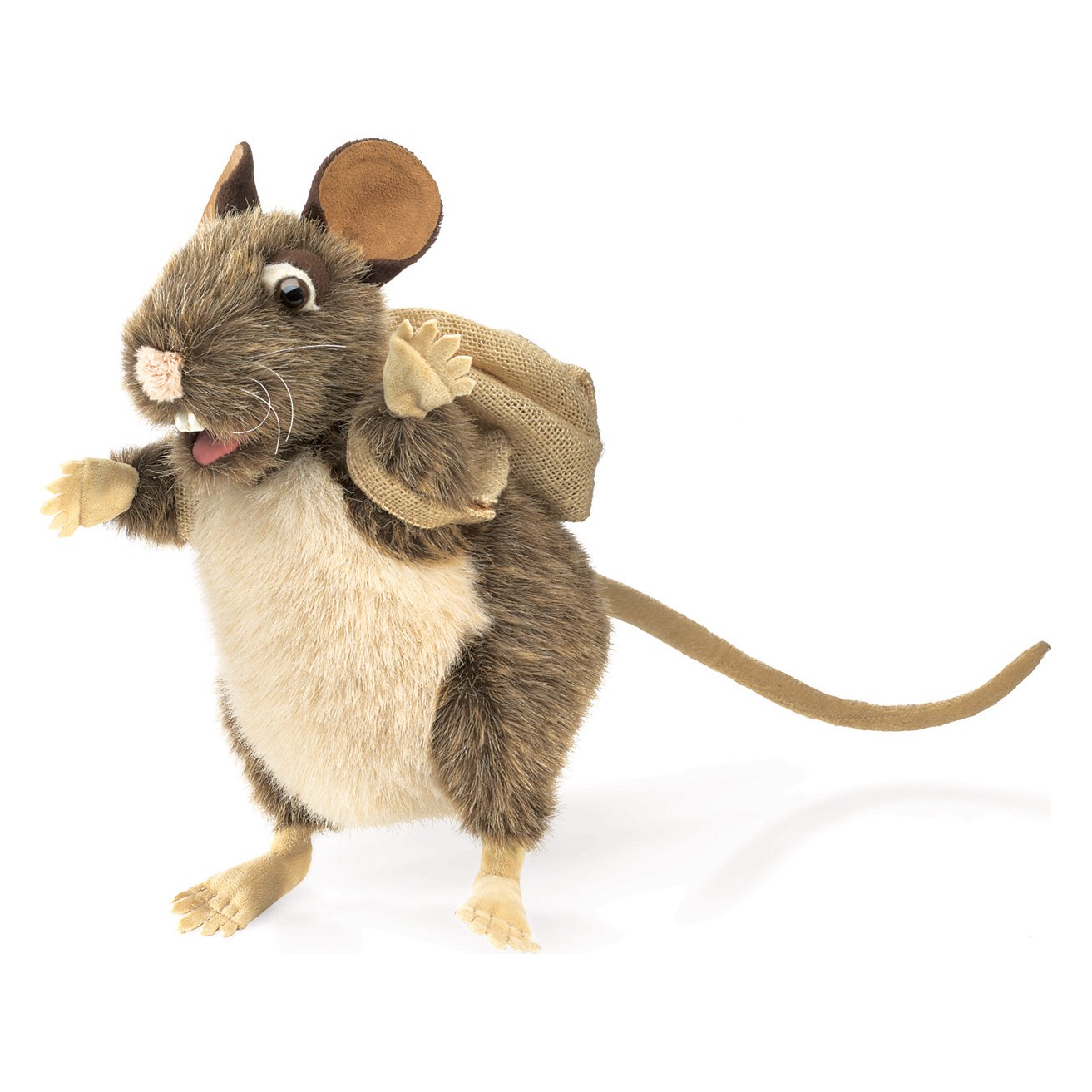Folkmanis pack rat hand puppet with brown fur, light belly and burlap sack on its back, standing in side view