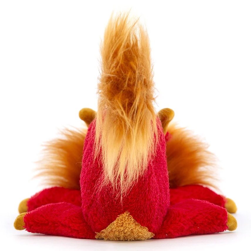 Jellycat plush toy Festival Dragon, back view with the golden mane rising upright