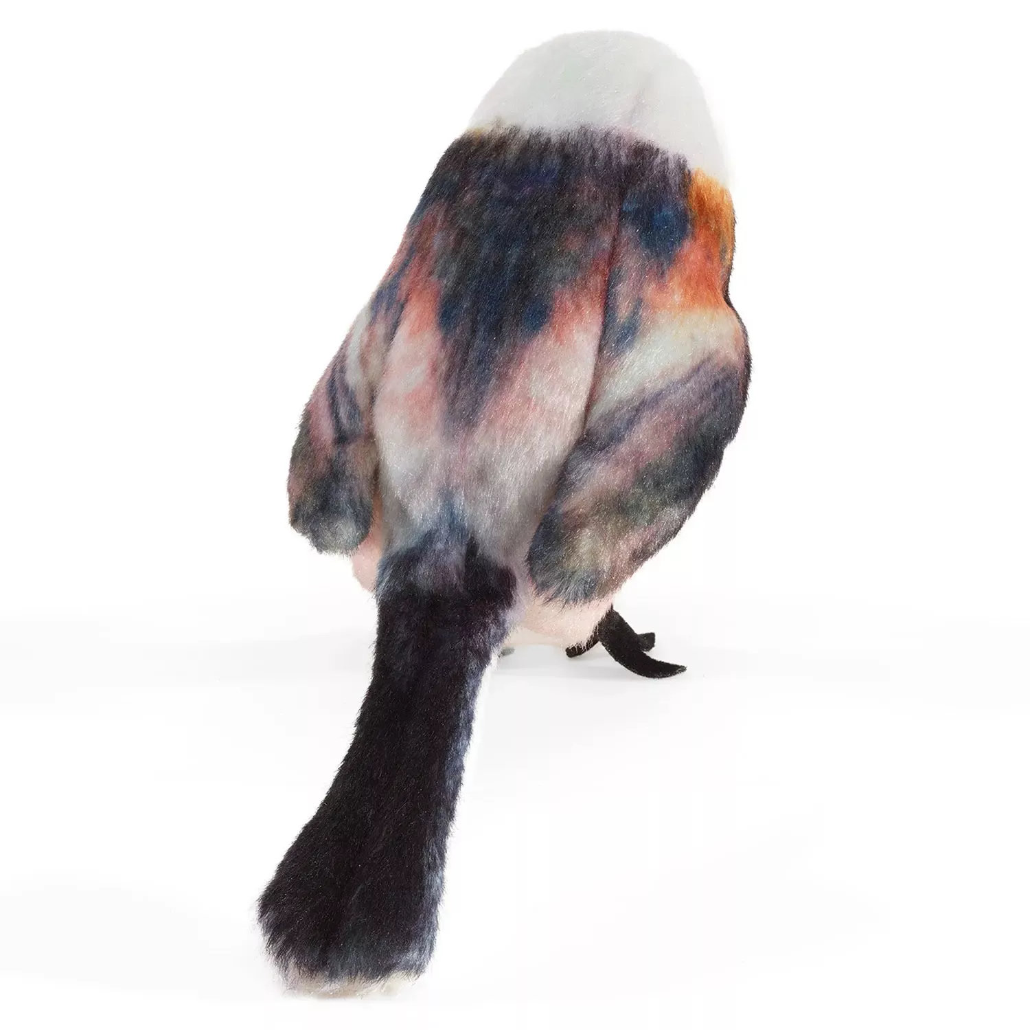 Folkmanis mini long-tailed tit finger puppet seen from behind, with a white head, patterned pink back, and black tail