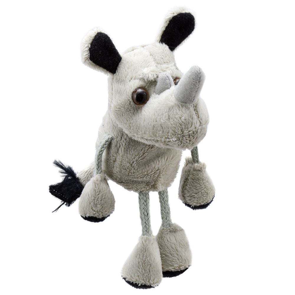 The Puppet Company finger puppet rhino, grey puppet with black ears, a horn and long fabric legs