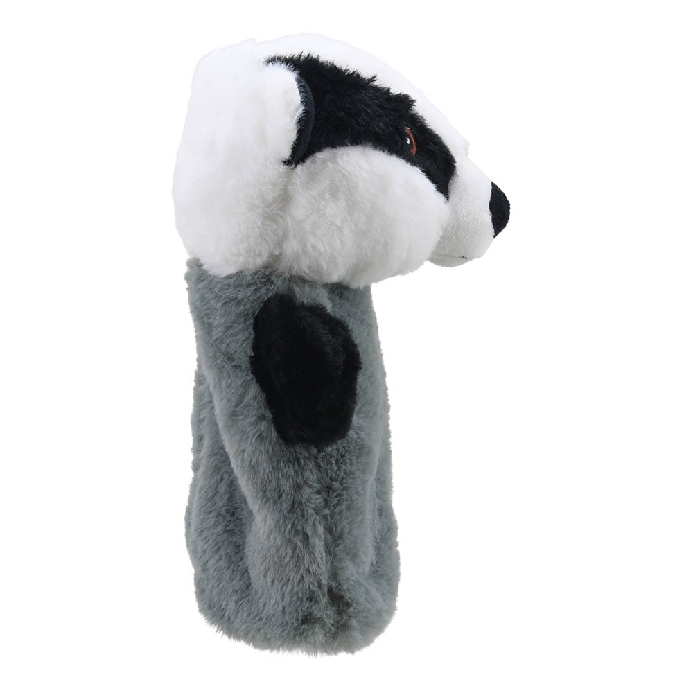 The Puppet Company hand puppet badger, side view in full length with a grey body