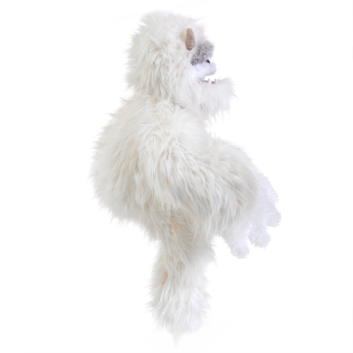 Folkmanis Yeti hand puppet shown from the side, white long-pile plush, open mouth with visible teeth, upright posture
